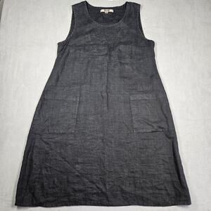 Flax Dress Womens Medium Black Linen Sleeveless Lagenlook Minimalist Boho Pocket